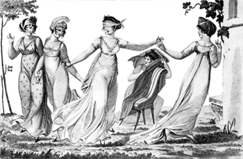 Women playing blind man's bluff in 1803.