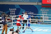 Deutsch: Boxen bei den Olympischen Jugendspielen 2018 Tag 12, 18. Oktober 2018 - Kampf um die Bronzemedaille im Fliegengewicht Mädchen – Heaven Destiny Garcia (USA, blau) schlägt Goryanana Stoeva (Bulgarien, rot) 5-0; Ringrichter ist Ishanguly Meretnyyazov (Turkmenistan). English: Boxing at the 2018 Summer Youth Olympics on 18 October 2018 – Girl's flyweight Bronze Medal Bout - Heaven Destiny Garcia (USA, blue) beats Goryanana Stoeva (Bulgaria, red) 5-0; Referee is Ishanguly Meretnyyazov (Turkmenistan). Español: Boxeo en los Juegos Olímpicos Juveniles de Verano de 2018 en 18 de octubre de 2018 - Combate a medalla de bronce de peso mosca para mujeres: Heaven Destiny Garcia (Estados Unidos, azul) le gana a Goryanana Stoeva (Bulgaria, roja) 5-0; El árbitro es Ishanguly Meretnyyazov (Turkmenistán).