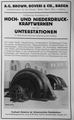 Deutsch: Werbung der Brown, Boverie & Cie. mit Bild des Maschinensaals des SBB-Kraftwerkes Barberine mit den 3 Einphasengeneratoren