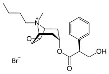 Butylscopolamine skeletal with bromide.svg