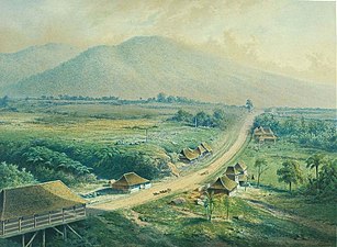 Lukisan dari antara tahun 1860 dan 1900 yang menggambarkan Jalan Raya Pos antara Sindanglaya dengan Puncak