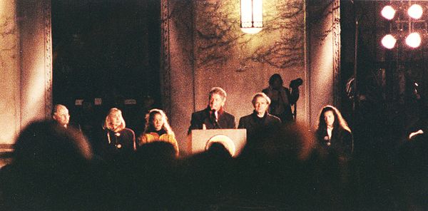 Presidential candidate Bill Clinton in front of Rackham School at the University of Michigan on October 19, 1992, flanked by Michigan Senator Carl Lev