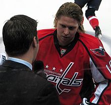 Nicklas Backstrom being interviewed during a Capitals game April 15, 2010 Caps-Habs (April 15, 2010) - 14 (4527355868) (cropped3).jpg