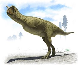 Kunstnerisk rekonstruktion af en Carnotaurus i dens naturlige miljø.