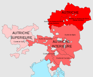 Map showing the constituent lands of the Archduchy of Austria: the Duchy of Austria, comprising Upper Austria centered on Linz, and Lower Austria centered on Vienna; Inner Austria, centered on Graz, comprising the duchies of Styria, Carinthia and Carniola, and the lands of the Austrian Littoral; and Further Austria, comprising mostly the Sundgau territory with the town of Belfort in southern Alsace, the adjacent Breisgau region east of the Rhine, and usually the County of Tyrol. The area between Further Austria and the Duchy of Austria was the Archbishopric of Salzburg. Carte archiduche Autriche.svg