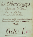 English: Cherubini - Les Abencerages - title page of the manuscript score, 1813