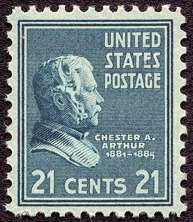 Arthur appears on the 21-cent U.S. Postage stamp of the 1938 Presidential Series.