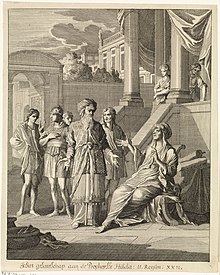 Depiction of Huldah the prophetess Chilkia leest de wetten voor aan koning Josia, RP-P-OB-45.370.jpg