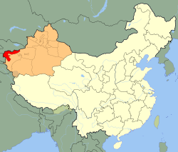 Kizilsun prefektuuri (punaisella) Sinkiangissa (oranssilla)
