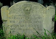 Gravestone of Christian Hunter More, wife of Richard More, Carved by "Old Stone Cutter of Charlestown". The Burying Point, Salem, Massachusetts Christian Hunter More.JPG