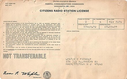 Image of Citizens Radio license 1972 issued by the United States Federal Communication Commission.