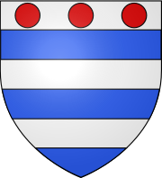 Arms of Grey de Ruthyn: Barry of six Argent and Azure in chief three Torteaux Coat of Arms of Grey.svg