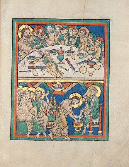 The Last Supper (upper image) and preparatory washing of feet (lower image) in a 1220 manuscript in the Baden State Library, Karlsruhe, Germany