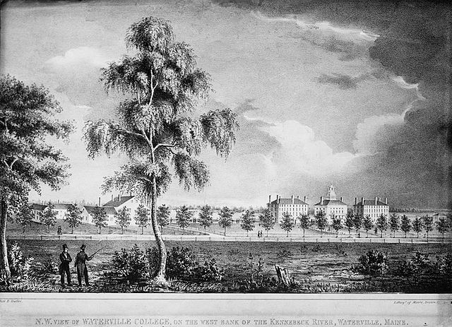 A lithograph depicting the Waterville College campus in 1834.