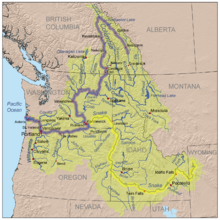 Karte des Columbia River-Einzugsgebiets mit dem Snake River (gelb) und dem Columbia River (blau)