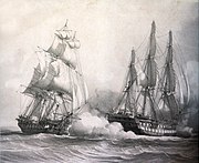 Vertrouwen harken Kent, die net haar manoeuvre miste, en bereidt zich voor om langszij te komen.  Gravure door Léon Morel-Fatio.