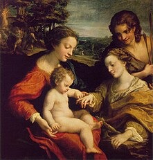 The Mystic Marriage of St. Catherine (c. 1526–27), Correggio's most important contribution to the High Renaissance art, exhibits Leonardo's pronounced influence on his style.