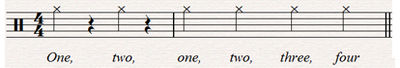 A two-bar percussive and verbal count off played on a closed hi-hat Countoff.jpg