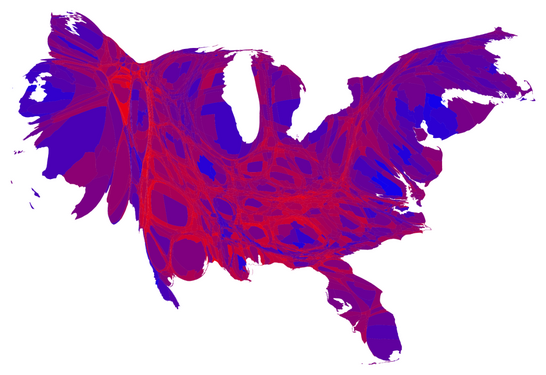 Cartogramma del voto popolare per contea, su una scala da rosso (100% per Romney) a blu (100% per Obama), con la dimensione delle contee proporzionale alla loro popolazione