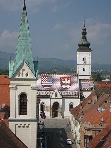 View of the St. Mark's Church with the famous colourful roof representing the Coat of Arms of Croatia and Zagreb