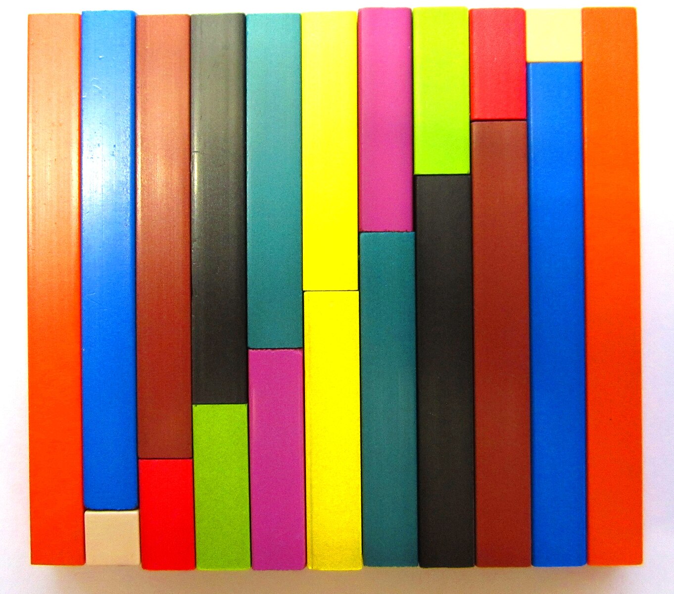 The Cuisenaire rods in a staircase arrangement.