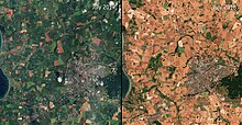 Satellite image comparison of agricultural fields in Slagelse, Zealand in July 2017 and 2018. Denmark scorched ESA397389.jpg