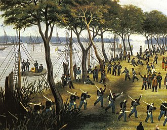 Invasion of Paraguay. Ferried by the Brazilian navy, Argentine troops land at Curuzu. The brunt of the military effort was borne by Brazilian soldiers. Desembarco en curuzu.jpg