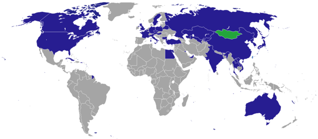 Страны, в которых Монголия имеет дипломатические представительства.