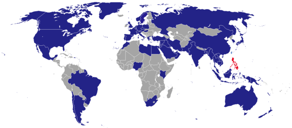 The Philippines (in red) has embassies in various nations (in blue).