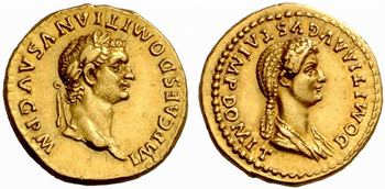 Ein Aureus Domitians, auf der Rückseite Domitia