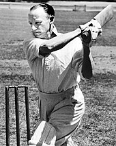 Bradman made 187 after a controversial non-catch on 28 runs, as Australia totalled 645 in 1946. Don Bradman 1946-10-31.jpg