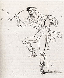 Dessin en noir et blanc d'Hoffmann représentant le maître de chapelle Johannès Kreisler. Le personnage vêtu d'un costume de théâtre danse sur un pied et tient dans une main une pipe de laquelle s'échappent quelques bulles.