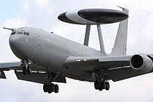 A Boeing E-3 Sentry, showing its rotodome mounted above the fuselage E3D Sentry - RIAT 2009 (3871588664).jpg