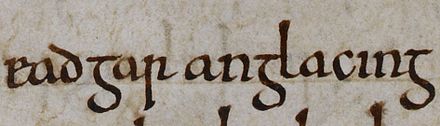 The name of Edgar as it appears on folio 142v of British Library Cotton Tiberius B I (the "C" version of the Anglo-Saxon Chronicle): "Eadgar Angla cing".[51]