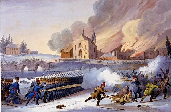 The Battle of Saint-Eustache, 1837, at which Meredith fought as a Lieutenant with the Montreal Rifles.