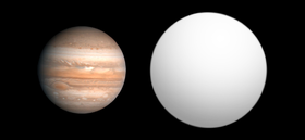 Kepler-6b (sağda) ve Jüpiter (solda) arasında boyut karşılaştırması.