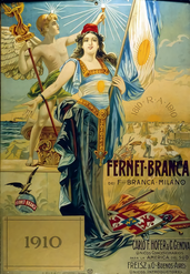 Fernet-Branca advertisement from 1910, depicting an allegorical representation of Argentina, in honor of the Centennial celebrations