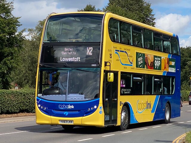 Coastlink liveried second generation Enviro400, operated by First Norfolk and Suffolk in 2020