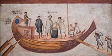 Roman ship represented in a fresco of the 2nd or 3rd century in the port city of Ostia. The inscriptions reflect the name of the ship (Isis Giminiana), the name of the captain or magister (Farnaces, at the helm) and the name of the owner (Arascanius, in charge of the cargo). Fresco Isis Giminiana Musei Vaticani (inv, 79638).jpg