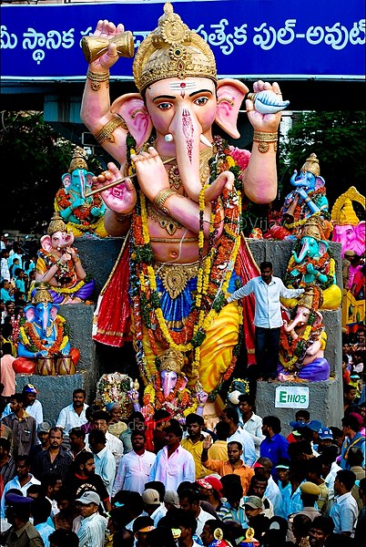 Street festivities in Hyderabad, India, during the festival of Ganesh Chaturthi.