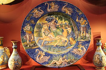 Nevers faience; central dish is 58 cm across, the main scene is the Rape of Europa, after an illustration of Ovid by François Chauveau, published in 1674