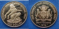 Guyanese 100-dollar gold coin (1976), commemorating the book and 10 years of independence from British rule Guyana, Republic, 100 Dollar Gold Coin 1976 Proof.jpg