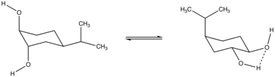 Possible chair conformations and the favorable hydrogen bond available in the conformation where both hydroxyl substituents are equatorial HBondApprox.png