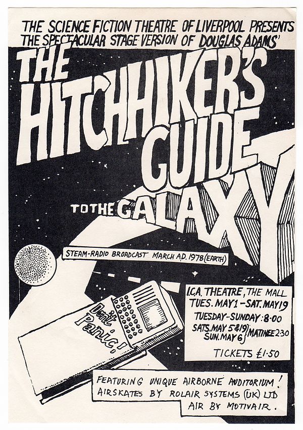 Flyer for the 1979 stage production at the ICA of The Hitchhiker's Guide To The Galaxy