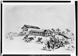 Historic American Buildings Survey Society of California Pioneers DRAWING OF MISSION ABOUT 1860's BY VISCHER SHOWING MISSION BEFORE 1835 - Mission San Francisco de Asis, Mission HABS CAL,38-SANFRA,1-2.tif