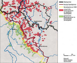 Historical development of the language border in Lorraine (red Line actual border; yellow line border around the year 1500) Historische Entwicklung der Sprachgrenze in Lothringen.png