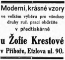 Čeština: Reklama Žofie Krestová v novinách Hlasy jičínsko-příborské.