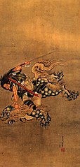 Shōki riding a shishi lion