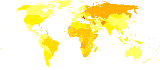 Disability-adjusted life year for inflammatory heart diseases per 100,000 inhabitants in 2004[16].mw-parser-output .refbegin{font-size:90%;margin-bottom:0.5em}.mw-parser-output .refbegin-hanging-indents>ul{margin-left:0}.mw-parser-output .refbegin-hanging-indents>ul>li{margin-left:0;padding-left:3.2em;text-indent:-3.2em}.mw-parser-output .refbegin-hanging-indents ul,.mw-parser-output .refbegin-hanging-indents ul li{list-style:none}@media(max-width:720px){.mw-parser-output .refbegin-hanging-indents>ul>li{padding-left:1.6em;text-indent:-1.6em)).mw-parser-output .refbegin-columns{margin-top:0.3em}.mw-parser-output .refbegin-columns ul{margin-top:0}.mw-parser-output .refbegin-columns li{page-break-inside:avoid;break-inside:avoid-column} .mw-parser-output .legend{page-break-inside:avoid;break-inside:avoid-column}.mw-parser-output .legend-color{display:inline-block;min-width:1.25em;height:1.25em;line-height:1.25;margin:1px 0;text-align:center;border:1px solid black;background-color:transparent;color:black}.mw-parser-output .legend-text{}  No data   Less than 70   70–140   140–210   210–280   280–350   350–420   420–490   490–560   560–630   630–700   700–770   More than 770
