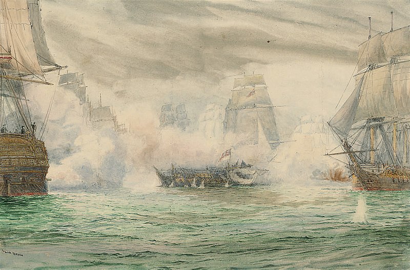 File:Irwin Bevan - Trafalgar,in the midst of battle, with H.M.S. Neptune's officers looking across at the dismasted hulk of the Belleisle CSK 2008.jpg